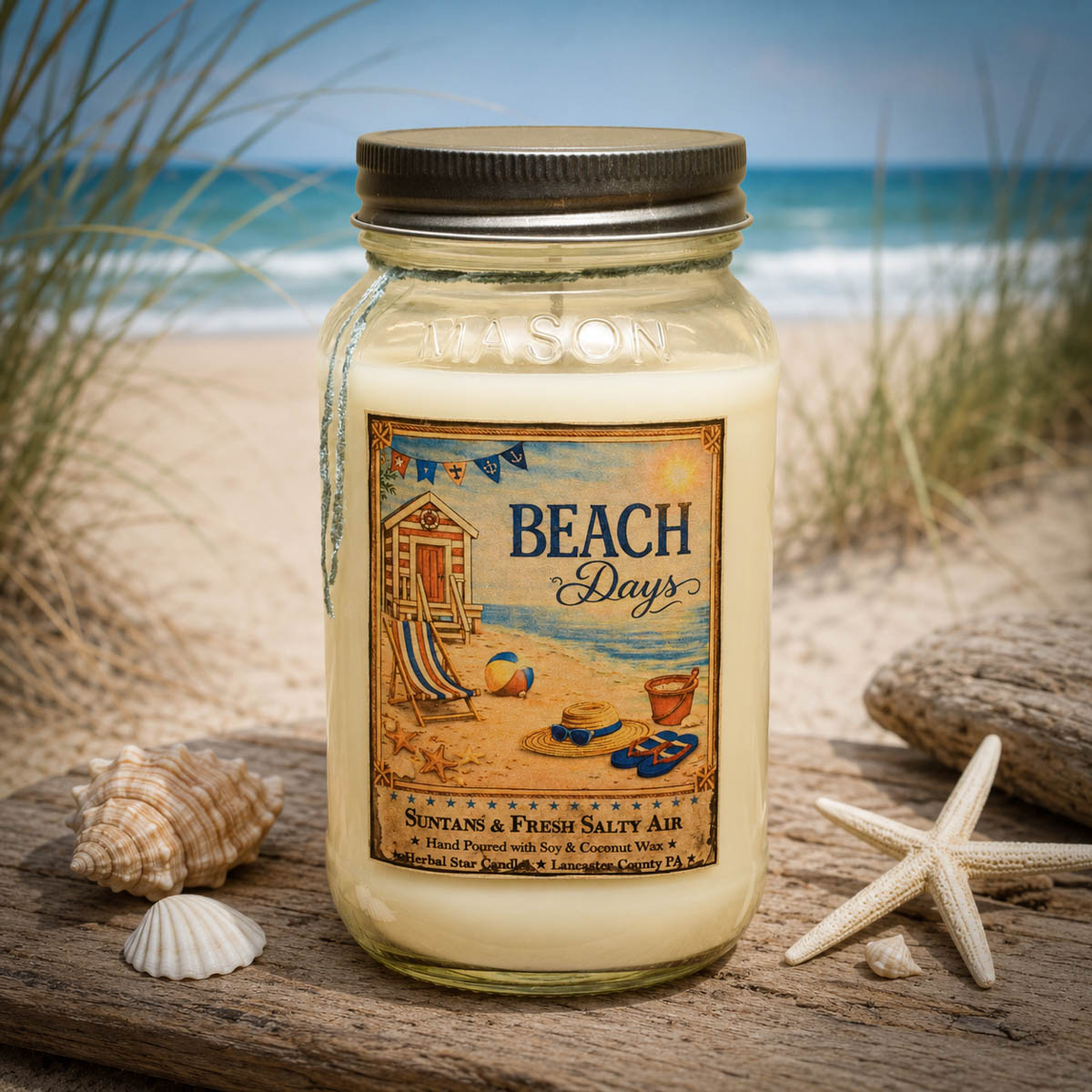 Coastal Beach Days soy candle with vintage beach label