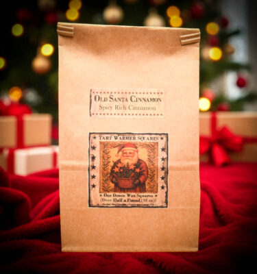 Old Santa Cinnamon 10 oz bag of 12 wax tart squares with folk art Santa label – spicy cinnamon fragrance