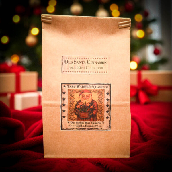Old Santa Cinnamon 10 oz bag of 12 wax tart squares with folk art Santa label – spicy cinnamon fragrance