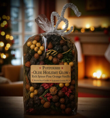 Olde Holiday Glow Potpourri 4 Cup Bag blends Cinnamon, Vanilla, Orange, Clove & Pine with frosted cones, rosehips, pods & cedar sprigs