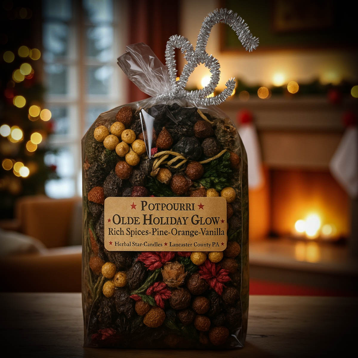 Olde Holiday Glow Potpourri 4 Cup Bag blends Cinnamon, Vanilla, Orange, Clove & Pine with frosted cones, rosehips, pods & cedar sprigs