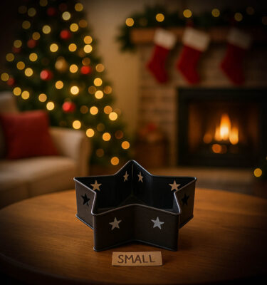 Small black tin star pan with a rough textured finish, shown on a wooden table in a festive Christmas living room to demonstrate scale.