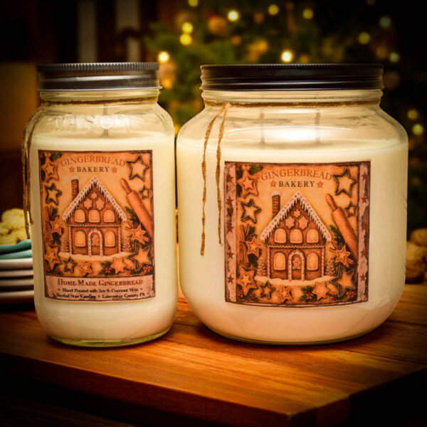 Homemade Gingerbread Scent Collection with jar candles, bag tarts, mini tarts, and room spray featuring gingerbread house label.