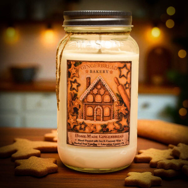 Homemade Gingerbread 24 oz Mason Jar Candle with gingerbread house label, cookie cutters, and rolling pin.