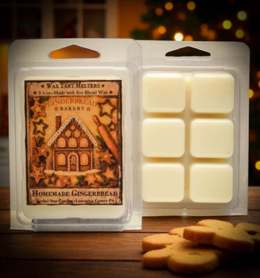 Homemade Gingerbread Mini Tarts 2.4 oz clamshell with gingerbread house label and six wax cubes.