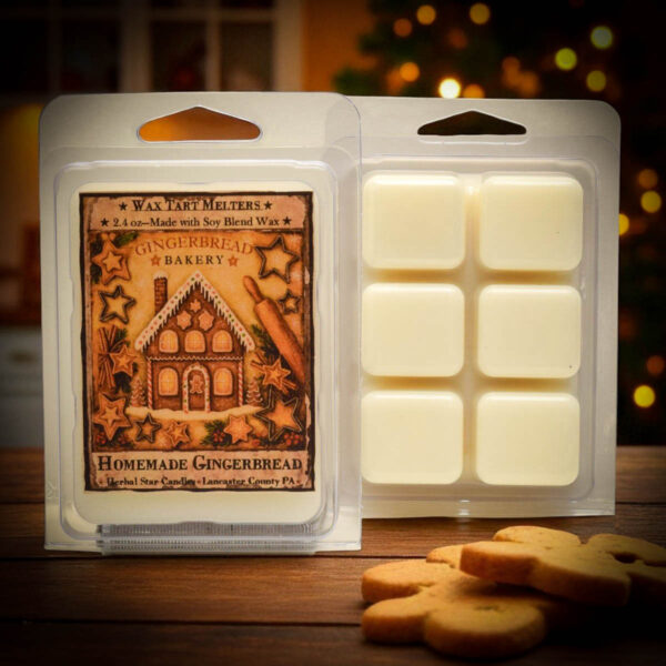 Homemade Gingerbread Mini Tarts 2.4 oz clamshell with gingerbread house label and six wax cubes.