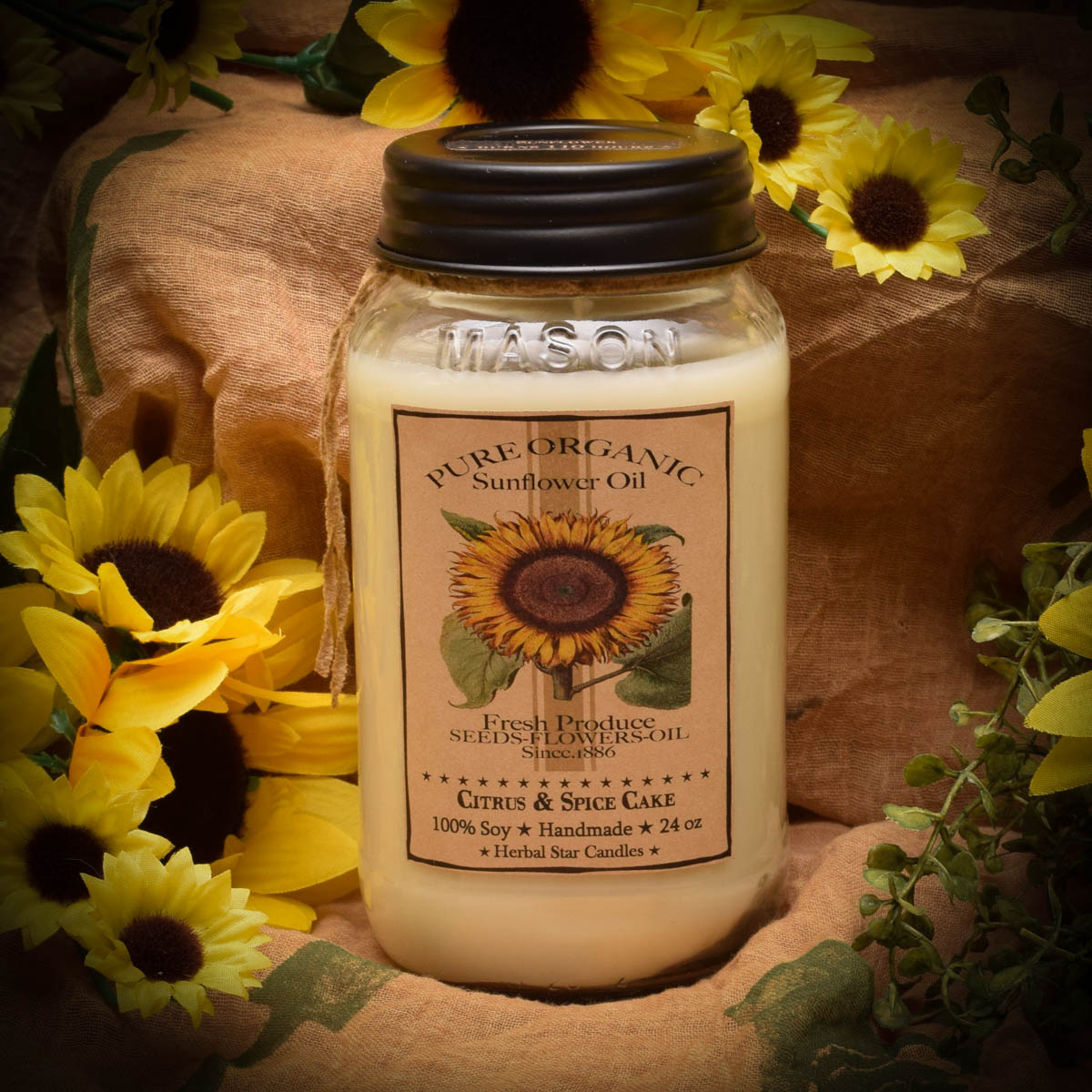 Sunflower Mason Jar Candle 24 oz Herbal Star Candles
