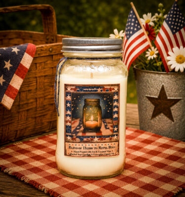 Liberty Bug Repellent 24 oz mason jar candle with patriotic Americana herbal label