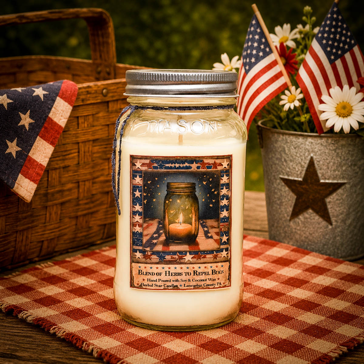 Liberty Bug Repellent 24 oz mason jar candle with patriotic Americana herbal label