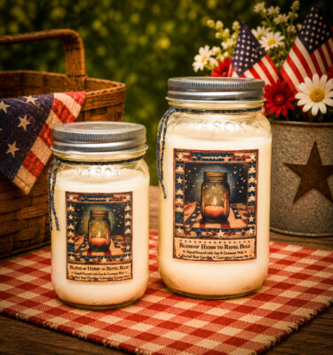 Liberty Bug Repellent herbal candle collection with patriotic Americana labels