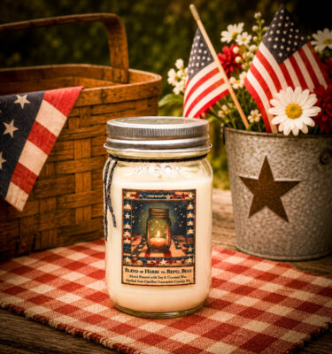 Liberty Bug Repellent 16 oz mason jar candle with patriotic Americana herbal label