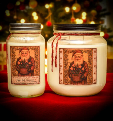 Old Santa Cinnamon Collection – candles, wax tarts, and room spray with folk art Santa labels and bold spicy cinnamon fragrance