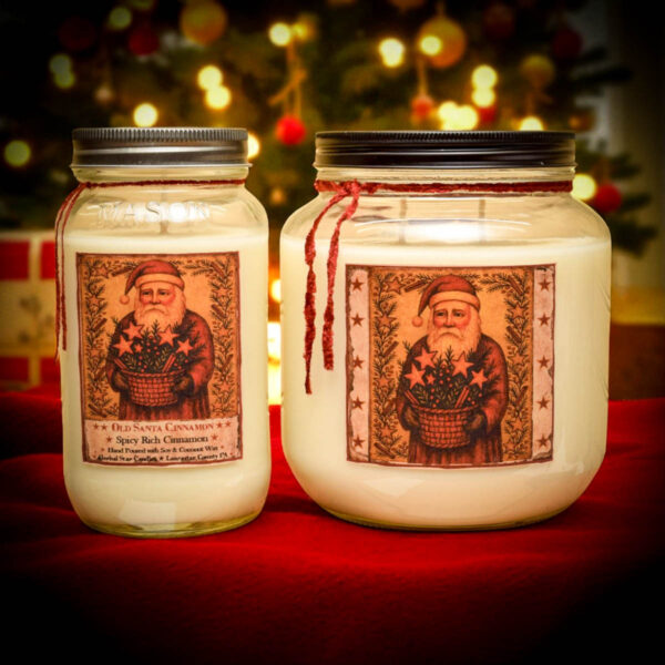 Old Santa Cinnamon Collection – candles, wax tarts, and room spray with folk art Santa labels and bold spicy cinnamon fragrance