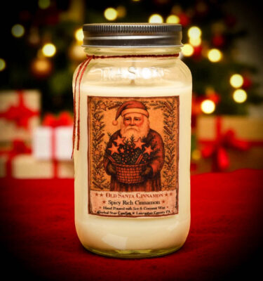Old Santa Cinnamon 24 oz farmhouse Mason Jar candle with folk art Santa label – spicy cinnamon scent