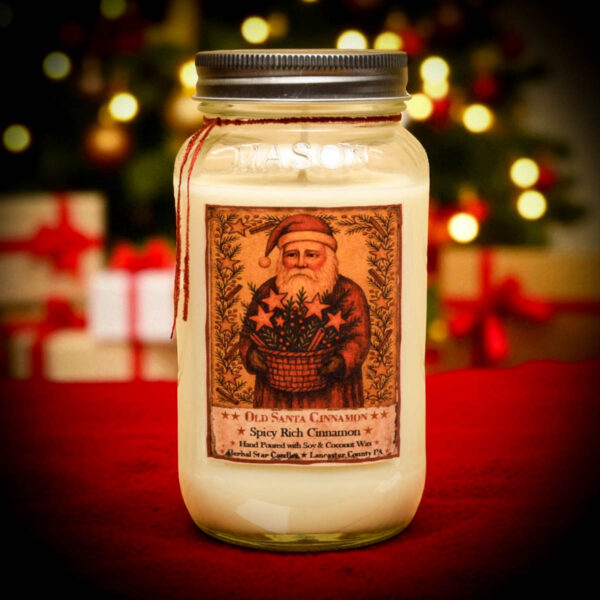 Old Santa Cinnamon 24 oz farmhouse Mason Jar candle with folk art Santa label – spicy cinnamon scent