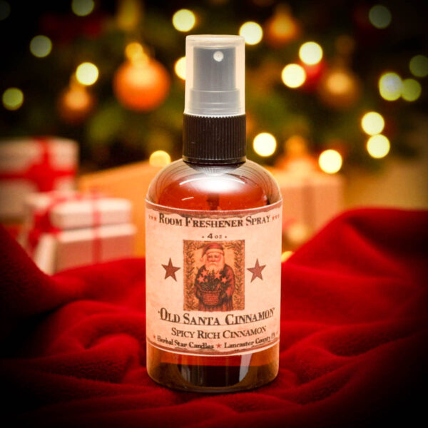 Old Santa Cinnamon Room Spray – 4 oz amber bottle with folk art Santa label and spicy cinnamon fragrance