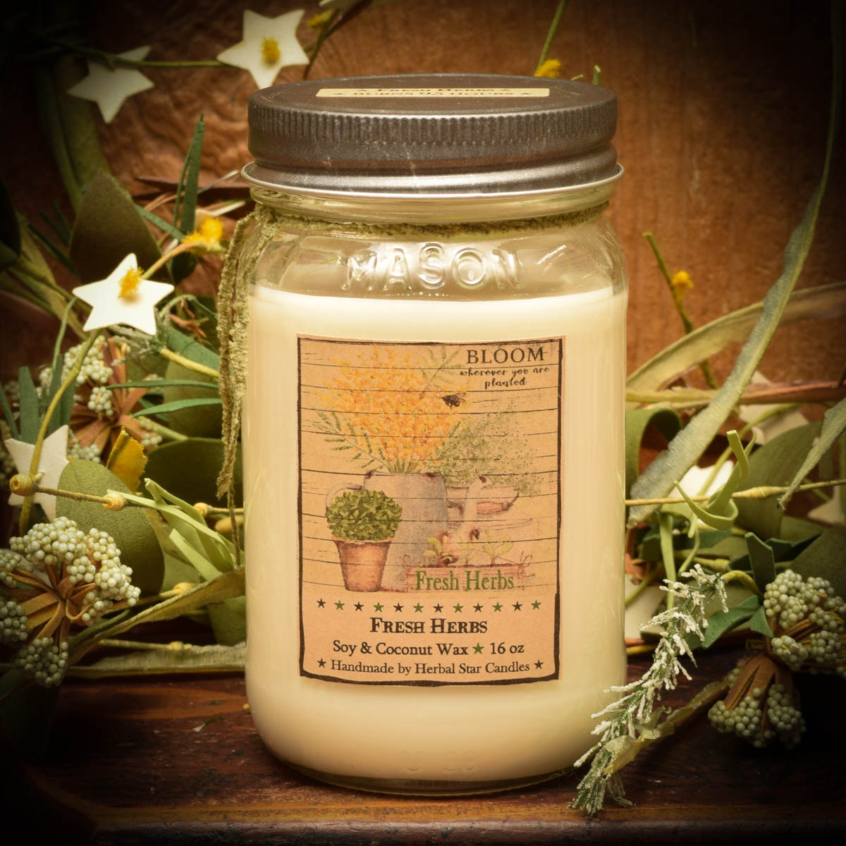 Fresh Herbs Mason Jar Candle - 16 oz - Herbal Star Candles