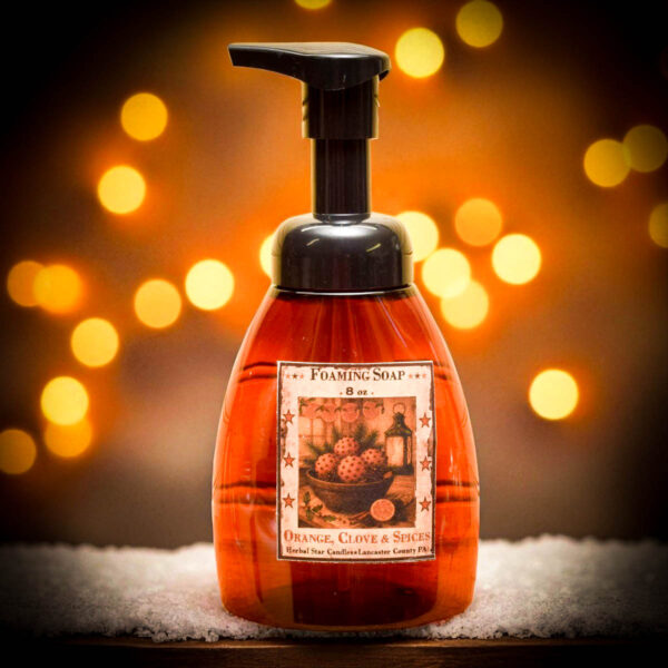 “Orange Clove and Spices foaming hand soap bottle with festive label by Herbal Star Candles, Lancaster County PA”