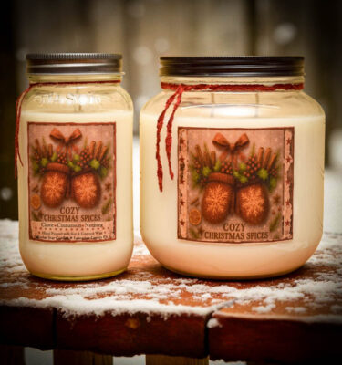 Cozy Christmas Spices Collection – candles, wax tarts, and room spray with clove, cinnamon, nutmeg, and fireside smoke holiday fragrance
