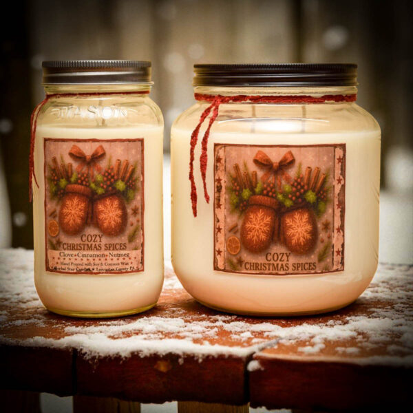 Cozy Christmas Spices Collection – candles, wax tarts, and room spray with clove, cinnamon, nutmeg, and fireside smoke holiday fragrance