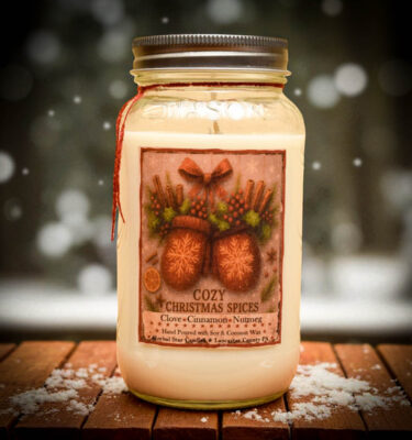 Cozy Christmas Spices 24 oz Mason Jar Candle – clove cinnamon nutmeg holiday fragrance with folk-art holiday label, hand-poured in Lancaster PA