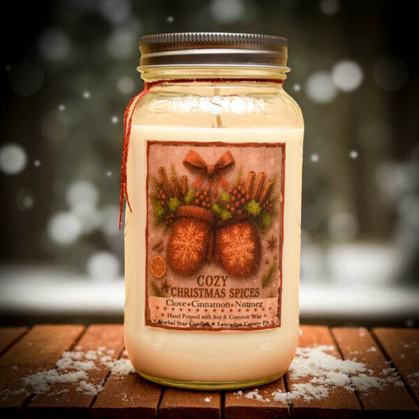 Cozy Christmas Spices 24 oz Mason Jar Candle – clove cinnamon nutmeg holiday fragrance with folk-art holiday label, hand-poured in Lancaster PA