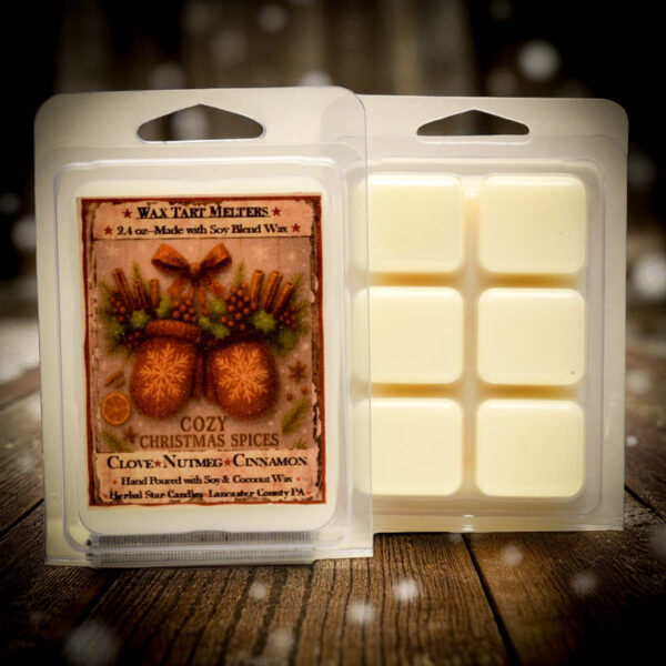Cozy Christmas Spices Mini Wax Tarts – 6 square clamshell, holiday fragrance of clove, cinnamon, nutmeg, and fireside smoke by Herbal Star Candles