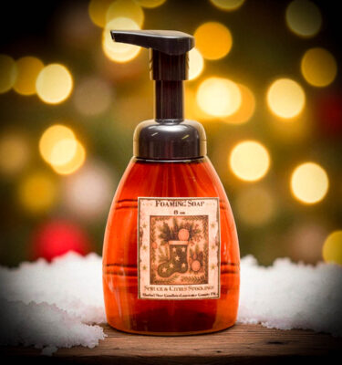 Spruce and Citrus Foaming Soap – 8 oz Holiday Hand Wash with Folk Art Stocking Label