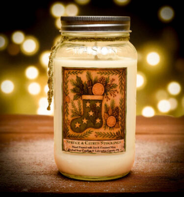 Spruce & Citrus Stockings Candle – 24 oz Soy Mason Jar with Holiday Folk Art Label