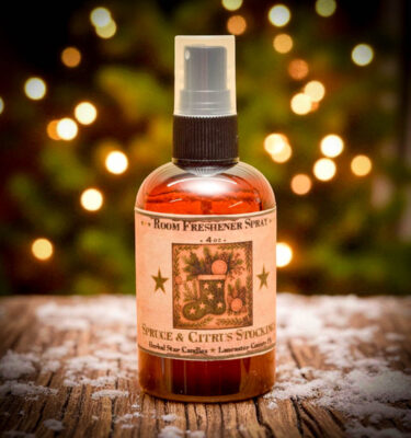 Spruce and Citrus Room Spray – 4 oz Holiday Freshener with Folk Art Stocking Label