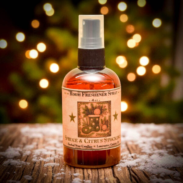 Spruce and Citrus Room Spray – 4 oz Holiday Freshener with Folk Art Stocking Label