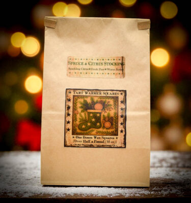 Spruce and Citrus Stockings Wax Tarts – 10 oz Bag of 12 Holiday Squares with Folk Art Stocking Label