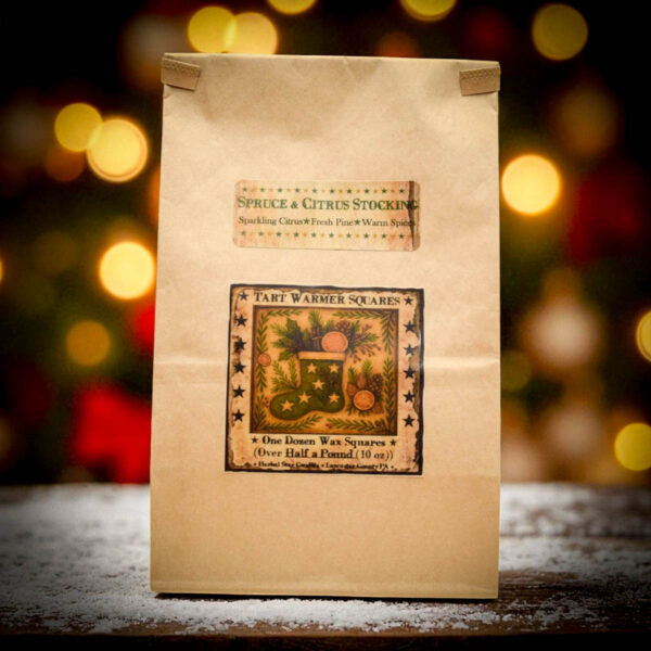 Spruce and Citrus Stockings Wax Tarts – 10 oz Bag of 12 Holiday Squares with Folk Art Stocking Label