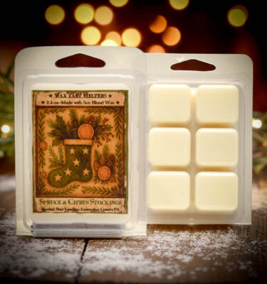 Spruce and Citrus Stockings Wax Tarts – 6-Pack Mini Clamshell with Folk Art Holiday Stocking Label