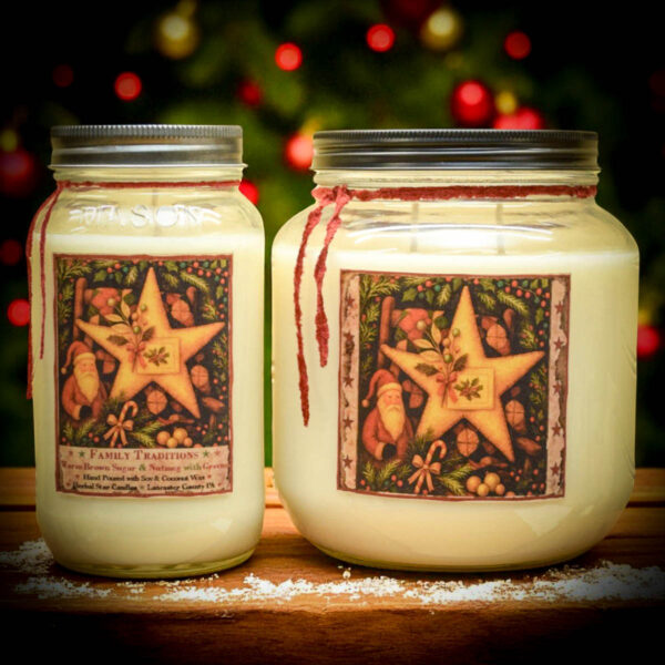 Family Traditions Collection of candles, wax tarts, room spray, and foaming soap. Formerly Christmas Traditions. Holiday fragrance of brown sugar, nutmeg & pine.