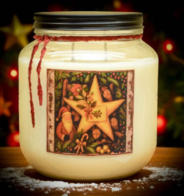 Family Traditions 64 oz Candle, formerly Christmas Traditions, in half-gallon mason jar with two wicks and folk-art holiday label. Brown sugar, nutmeg, and pine scent.