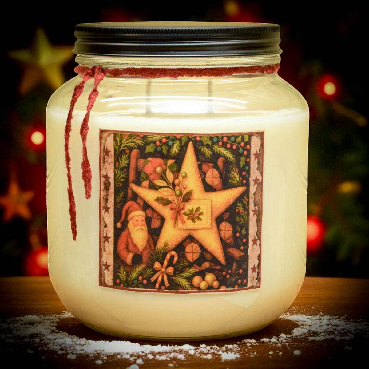 Family Traditions 64 oz Candle, formerly Christmas Traditions, in half-gallon mason jar with two wicks and folk-art holiday label. Brown sugar, nutmeg, and pine scent.