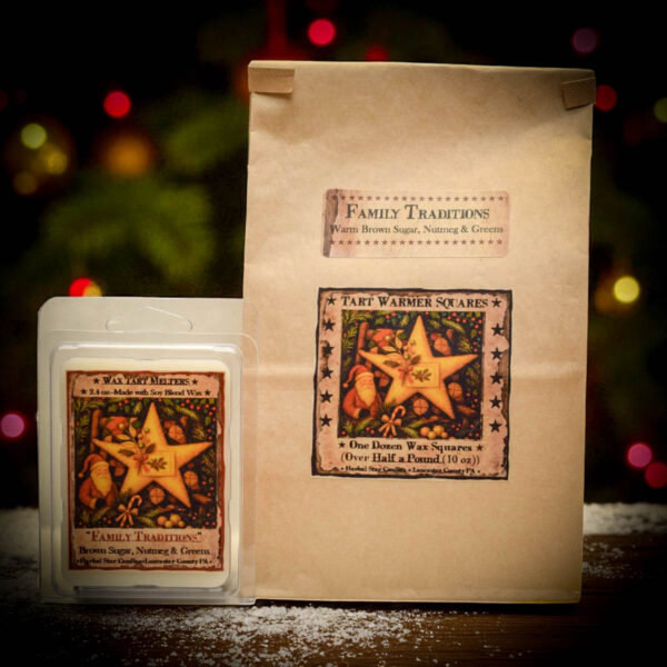 Family Traditions wax tarts, formerly Christmas Traditions, shown in 2.4 oz clamshell and 10 oz bag. Holiday fragrance of brown sugar, nutmeg, and pine.