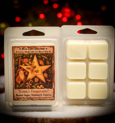 Family Traditions Mini Tarts, formerly Christmas Traditions, in 2.4 oz clamshell with folk-art holiday label. Six wax cubes scented with brown sugar, nutmeg, and pine.