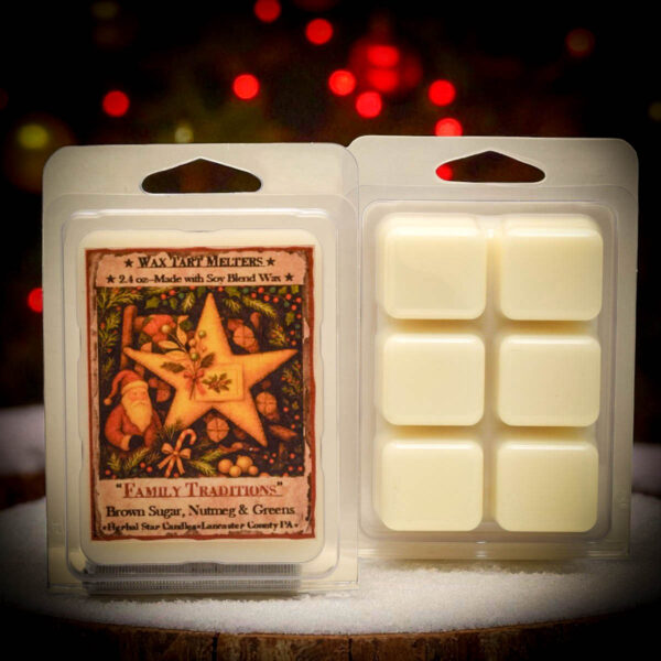 Family Traditions Mini Tarts, formerly Christmas Traditions, in 2.4 oz clamshell with folk-art holiday label. Six wax cubes scented with brown sugar, nutmeg, and pine.