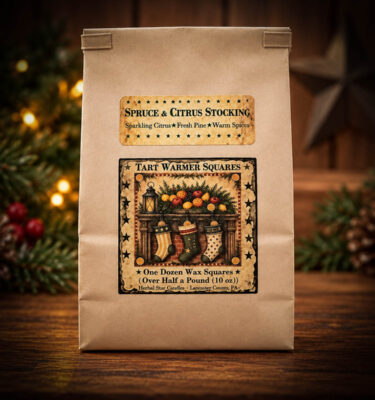 bag tart next Spruce & Citrus Stockings 10 oz Bag of 12 Wax Tarts in a kraft paper bag with a vintage Christmas stocking label, displayed on a rustic wooden table with festive greenery, pinecones, and warm holiday lights.