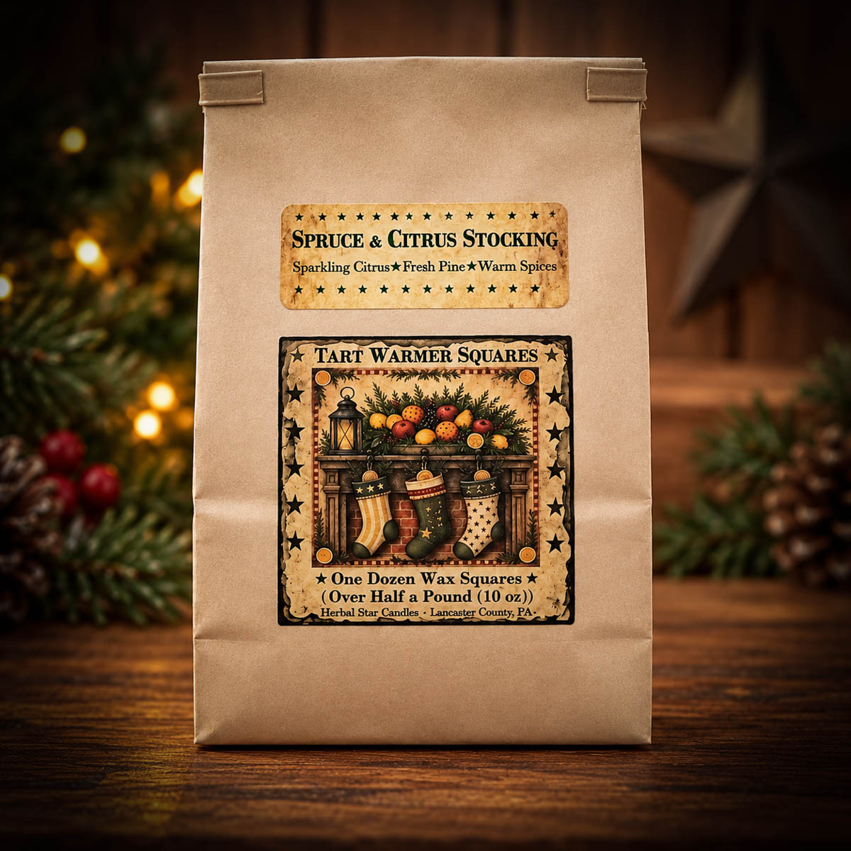 bag tart next Spruce & Citrus Stockings 10 oz Bag of 12 Wax Tarts in a kraft paper bag with a vintage Christmas stocking label, displayed on a rustic wooden table with festive greenery, pinecones, and warm holiday lights.