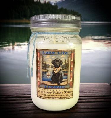 Lake Life Living 16 oz jar candle with black lab label