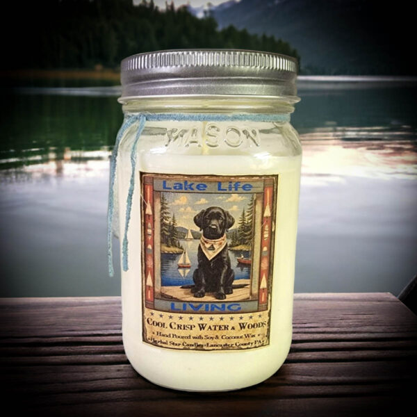 Lake Life Living 16 oz jar candle with black lab label