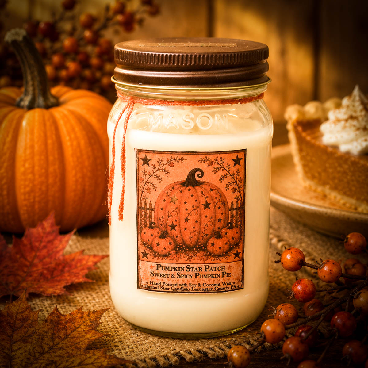 16 oz Pumpkin Star Patch candle in a mason jar with a sweet and spicy pumpkin pie scent