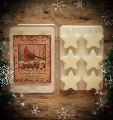 Cranberry Spice Simmer 4 oz star-shaped soy wax tart with festive scent of cranberry, apple, orange, cinnamon, and clove.