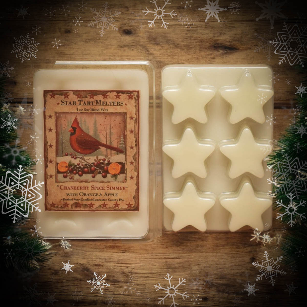 Cranberry Spice Simmer 4 oz star-shaped soy wax tart with festive scent of cranberry, apple, orange, cinnamon, and clove.
