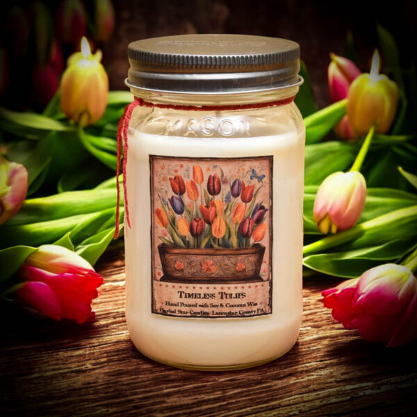 Timeless Tulips Planter Box Label 16 oz Jar Candle