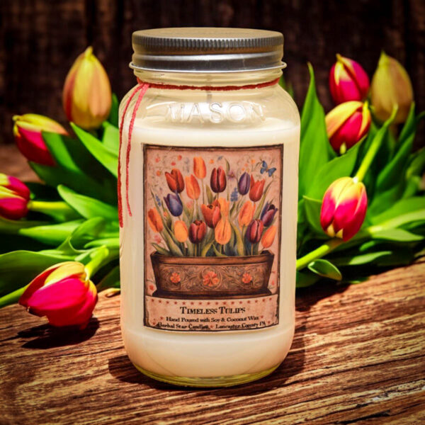 Timeless Tulips Planter Box Label 24 oz Jar Candle