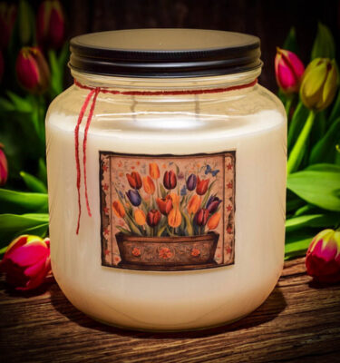Timeless Tulips Planter Box Label 64 oz Jar Candle